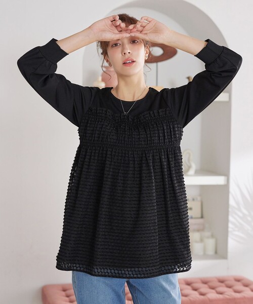 Tiaclasse（ティアクラッセ）の「ポンチ×ジャガードドッキングチュニック（Tシャツ/カットソー・レディース・キャメル/ブラック・M/L）」の14枚目の写真