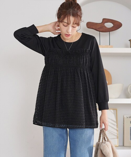 Tiaclasse（ティアクラッセ）の「ポンチ×ジャガードドッキングチュニック（Tシャツ/カットソー・レディース・キャメル/ブラック・M/L）」の16枚目の写真