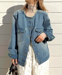 Q | ノーカラーデニムブルゾン(デニムジャケット)