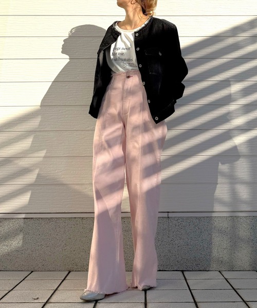 Q（キュー）の「ノーカラーデニムブルゾン（デニムジャケット・レディース・ブラック/ライトブルー・MEDIUM）」の10枚目の写真