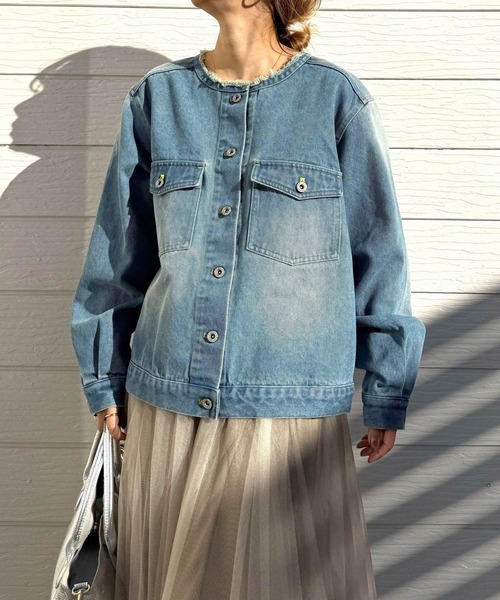 Q（キュー）の「ノーカラーデニムブルゾン（デニムジャケット・レディース・ブラック/ライトブルー・MEDIUM）」の3枚目の写真