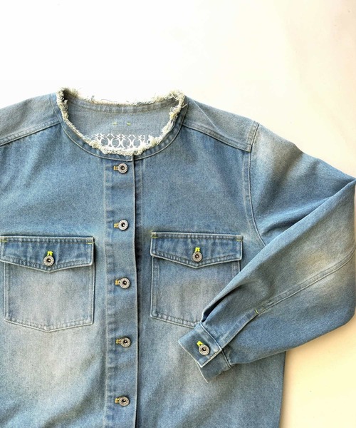 Q（キュー）の「ノーカラーデニムブルゾン（デニムジャケット・レディース・ブラック/ライトブルー・MEDIUM）」の7枚目の写真