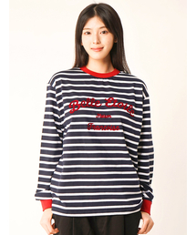 FABULOUS ARCHIVE（ファビュラスアーカイブ）の「オーバーサイズストライプチェーンロゴロングスリーブTシャツバーガンディ(FCF3TS641M)（Tシャツ/カットソー）」