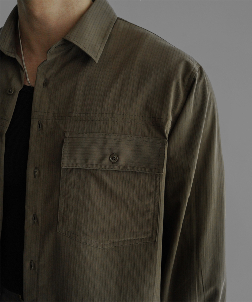 BOWLOW PRODUCT（バウロープロダクト）の「ストライプワンポケットクロップシャツ[モカ]（シャツ/ブラウス・メンズ・その他・LARGE/MEDIUM）」の2枚目の写真