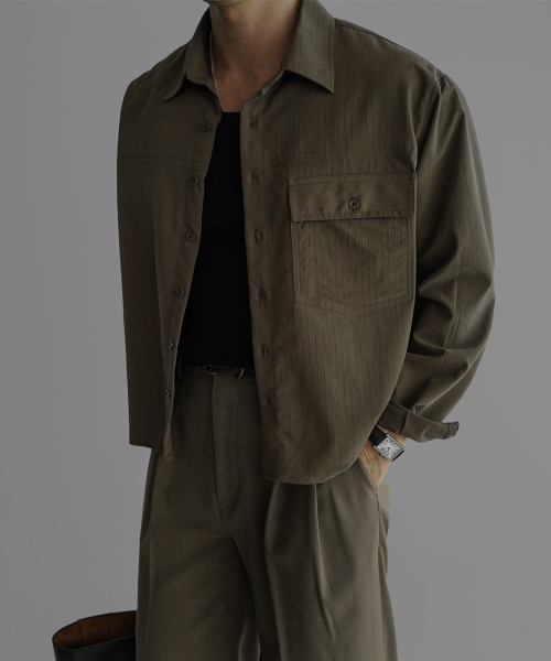 BOWLOW PRODUCT（バウロープロダクト）の「ストライプワンポケットクロップシャツ[モカ]（シャツ/ブラウス・メンズ・その他・LARGE/MEDIUM）」の4枚目の写真