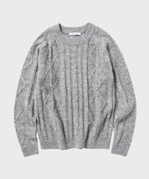 ケーブル編みラウンドニット_MELANGE GREY