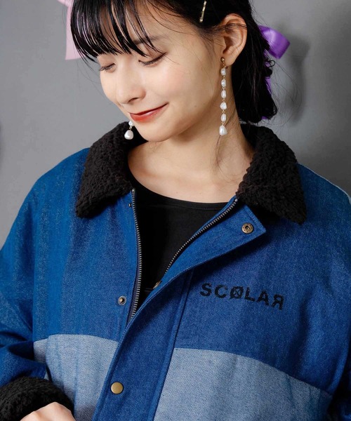 ScoLar（スカラー）の「153755：落書きモザイク柄デニム×ボアジャケット（デニムジャケット・レディース・ネイビー/ブラック・M）」の4枚目の写真