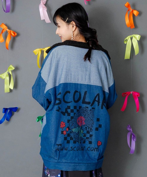 ScoLar（スカラー）の「153755：落書きモザイク柄デニム×ボアジャケット（デニムジャケット・レディース・ネイビー/ブラック・M）」の7枚目の写真