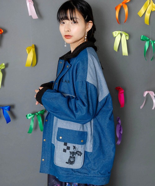 ScoLar（スカラー）の「153755：落書きモザイク柄デニム×ボアジャケット（デニムジャケット・レディース・ネイビー/ブラック・M）」の8枚目の写真