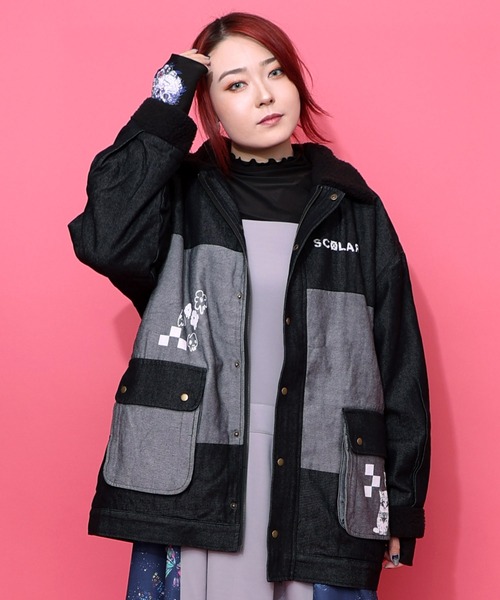 ScoLar（スカラー）の「153755：落書きモザイク柄デニム×ボアジャケット（デニムジャケット・レディース・ネイビー/ブラック・M）」の19枚目の写真