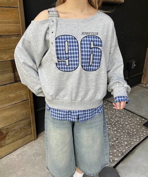 WC(ダブル シー)の「チェックレイヤードワンショルスウェット(スウェット・レディース・グレー/ブラック・FREE)」の1枚目の写真