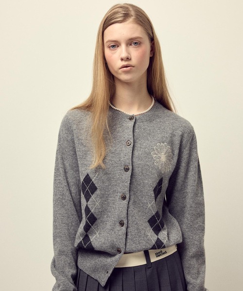 CASHMERE BLENDED CARDIGAN ROUND NECK ARGYLE / カシミヤ ブレンド