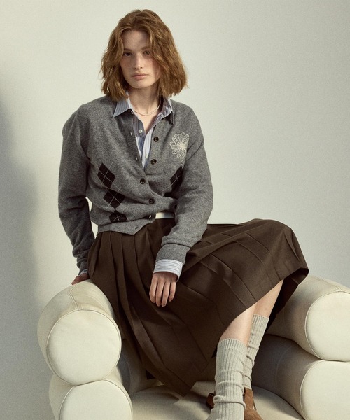 CASHMERE BLENDED CARDIGAN ROUND NECK ARGYLE / カシミヤ ブレンド