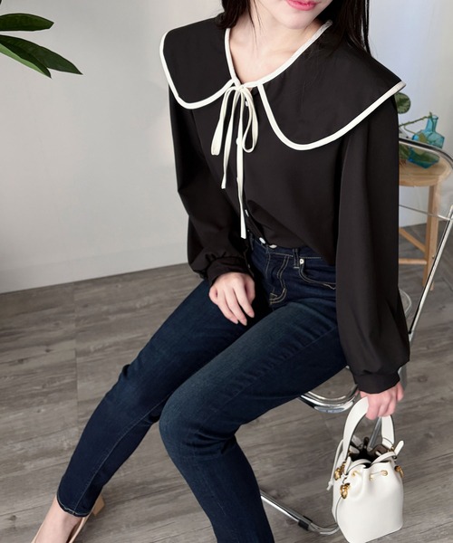 Dewlily(デューリリー)の「さりげない甘さを添える◎セーラー風配色リボンブラウス(シャツ/ブラウス・レディース・ブラック/ホワイト/アイボリー・FREE)」の14枚目の写真