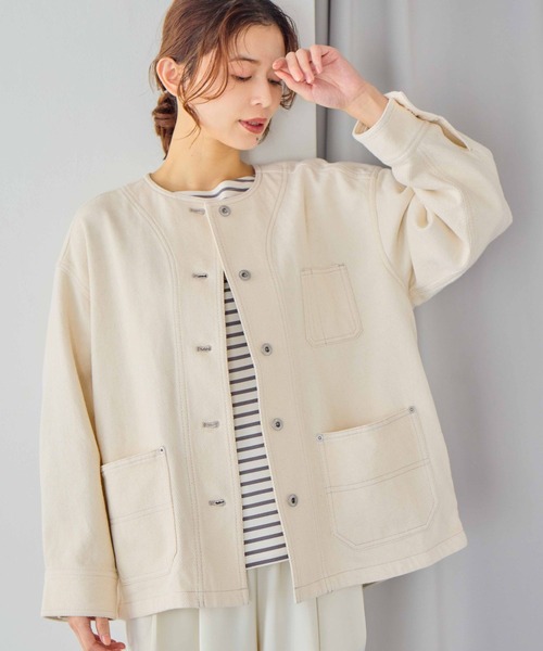 studio CLIP（スタディオクリップ）の「コットンノーカラーツイルポケットジャケット（ノーカラージャケット・レディース・ピンク/ライトグレー/アイボリー・FREE）」の3枚目の写真