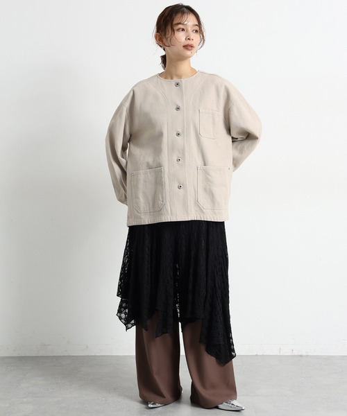 studio CLIP（スタディオクリップ）の「コットンノーカラーツイルポケットジャケット（ノーカラージャケット・レディース・ピンク/ライトグレー/アイボリー・FREE）」の7枚目の写真