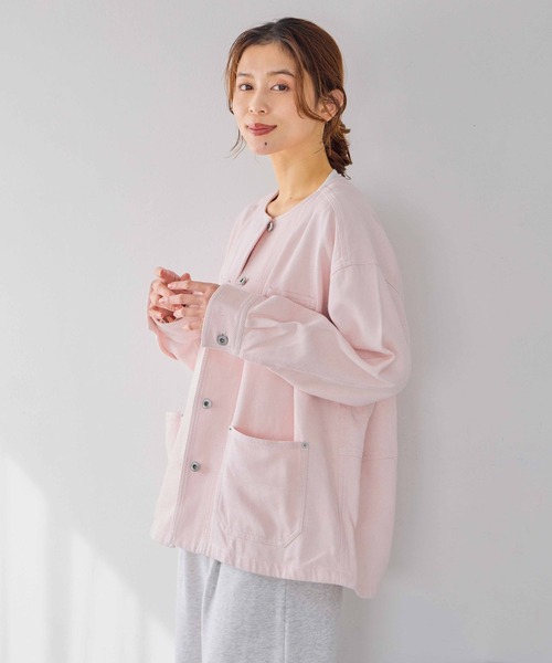 studio CLIP（スタディオクリップ）の「コットンノーカラーツイルポケットジャケット（ノーカラージャケット・レディース・ピンク/ライトグレー/アイボリー・FREE）」の9枚目の写真