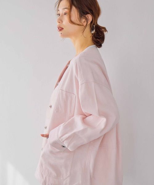 studio CLIP（スタディオクリップ）の「コットンノーカラーツイルポケットジャケット（ノーカラージャケット・レディース・ピンク/ライトグレー/アイボリー・FREE）」の10枚目の写真