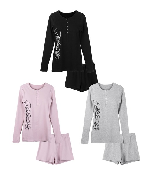 me+em select(ミームセレクト)の「【 セットアップ 】レタリングロゴヘンリーネックトップス&ショートパンツ SETUP / lettering logo henlyneck tops & short pants(セットアップ・レディース・ピンク/ブラック/グレー・FREE)」の4枚目の写真
