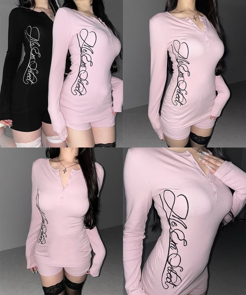 me+em select(ミームセレクト)の「【 セットアップ 】レタリングロゴヘンリーネックトップス&ショートパンツ SETUP / lettering logo henlyneck tops & short pants(セットアップ・レディース・ピンク/ブラック/グレー・FREE)」の6枚目の写真