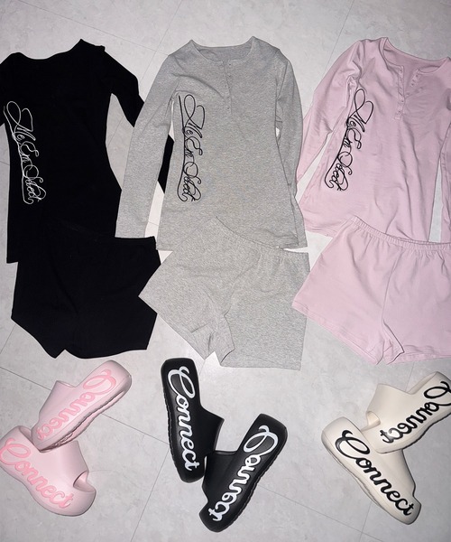 me+em select(ミームセレクト)の「【 セットアップ 】レタリングロゴヘンリーネックトップス&ショートパンツ SETUP / lettering logo henlyneck tops & short pants(セットアップ・レディース・ピンク/ブラック/グレー・FREE)」の8枚目の写真