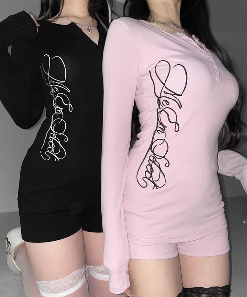me+em select(ミームセレクト)の「【 セットアップ 】レタリングロゴヘンリーネックトップス&ショートパンツ SETUP / lettering logo henlyneck tops & short pants(セットアップ・レディース・ピンク/ブラック/グレー・FREE)」の10枚目の写真