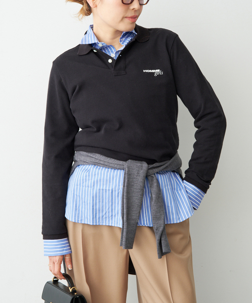 SOLD！HOMME girls ブラック 長袖ポロシャツ フリーサイズ HOMME GIRLS/オムガールズ】Long Sleeve Pique ポロシャツ（ポロシャツ