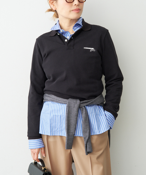 SOLD！HOMME girls ブラック 長袖ポロシャツ フリーサイズ セール】【HOMME GIRLS/オムガールズ】Long Sleeve Pique ポロシャツ