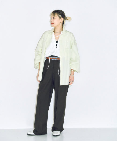 CITYSHOP（シティーショップ）の「[THE MOOD]レースアップロングTシャツ（Tシャツ/カットソー・レディース・ホワイト/ブラック・FREE）」の6枚目の写真