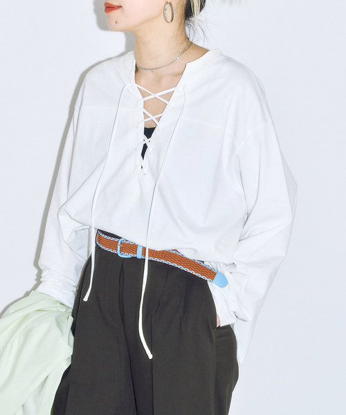 CITYSHOP（シティーショップ）の「[THE MOOD]レースアップロングTシャツ（Tシャツ/カットソー・レディース・ホワイト/ブラック・FREE）」の7枚目の写真
