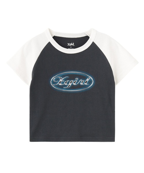X-girl(エックスガール)の「GLOW METAL OVAL LOGO RAGLAN S/S BABY TEE(Tシャツ/カットソー・レディース・ホワイト/チャコール・S/M)」の1枚目の写真