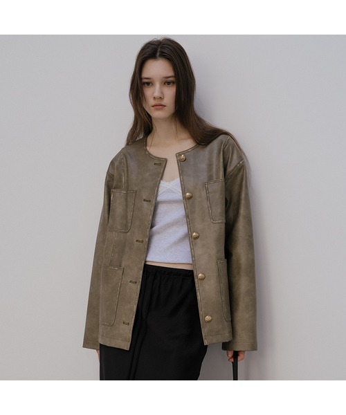 Raw washing leather jacket [TISP05LE02]_Khaki（ライダース 