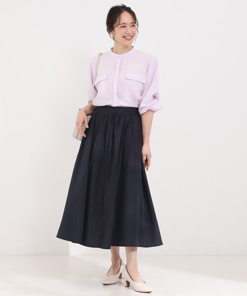 SHOO・LA・RUE（シューラルー）の「【セットアップ可/洗濯機可/S-LL】軽やかに揺れる サッカーチェック フレアスカート（スカート・レディース・ネイビー系1/ホワイト系4/チャコールグレー・02/01/04/03）」の16枚目の写真