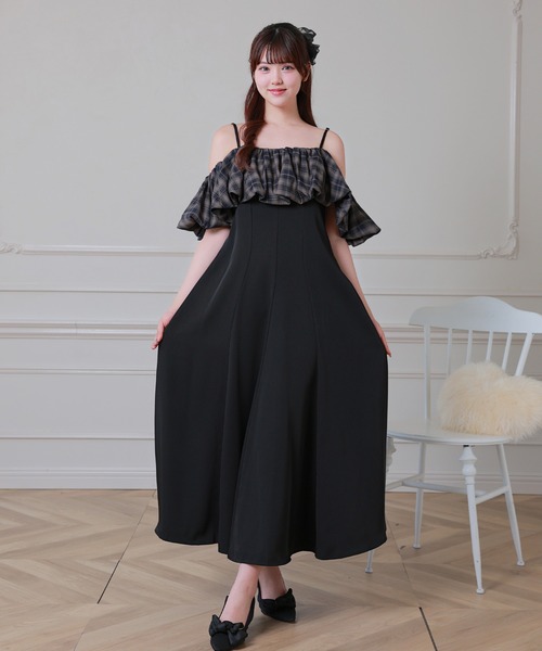 Anely（アネリー）の「チェック柄 バルーン キャミソール ロング ワンピース（ワンピース・レディース・グレイッシュベージュ/ブラック・FREE）」の7枚目の写真