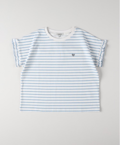 Right-on（ライトオン）の「VIVIAN BLUE(ヴィヴィアンブルー)ボーダープリントフリルＴシャツ（Tシャツ/カットソー・キッズ・レッド/サックスブルー/ブラック・110/120/130/140/150/160）」の2枚目の写真