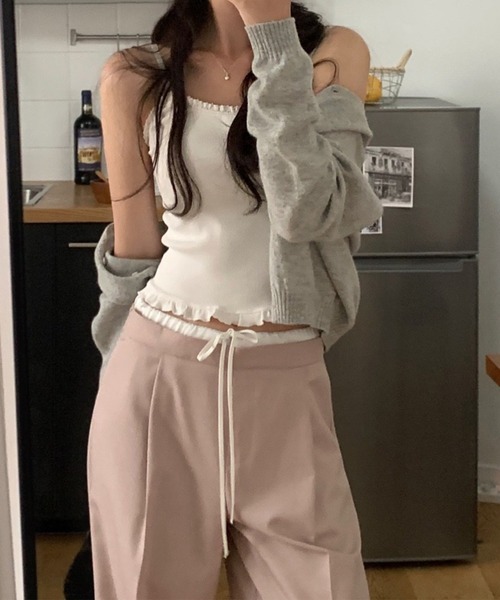 LYEON(リヨン)の「ダブルウエストリボンタックスラックスパンツ(スラックス・レディース・ピンク・FREE)」の2枚目の写真