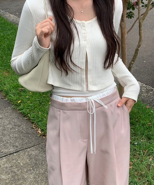 LYEON(リヨン)の「ダブルウエストリボンタックスラックスパンツ(スラックス・レディース・ピンク・FREE)」の4枚目の写真