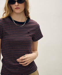 アニマルモチーフミニロゴ胸刺繍 細ボーダーTシャツ