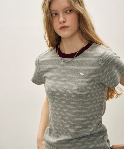 uchi.（ウチ）の「アニマルモチーフミニロゴ胸刺繍 細ボーダーTシャツ（Tシャツ/カットソー・レディース・ライトグレー系/グレー系/レッド系・FREE）」の11枚目の写真