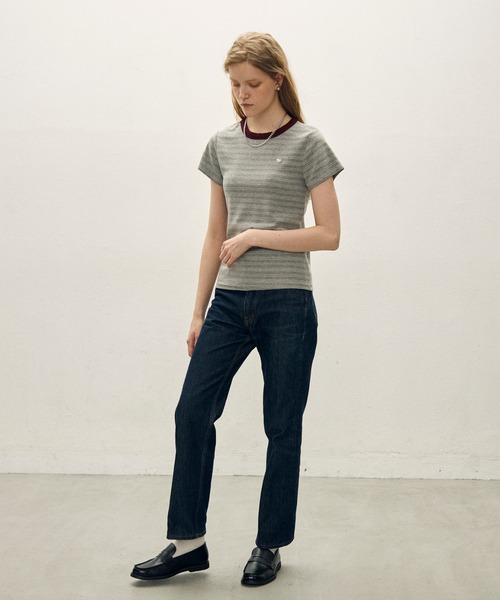 uchi.（ウチ）の「アニマルモチーフミニロゴ胸刺繍 細ボーダーTシャツ（Tシャツ/カットソー・レディース・ライトグレー系/グレー系/レッド系・FREE）」の22枚目の写真