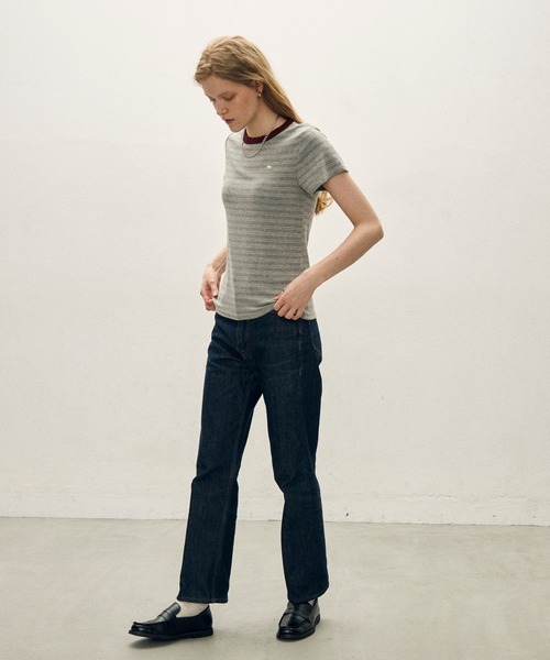 uchi.（ウチ）の「アニマルモチーフミニロゴ胸刺繍 細ボーダーTシャツ（Tシャツ/カットソー・レディース・ライトグレー系/グレー系/レッド系・FREE）」の21枚目の写真