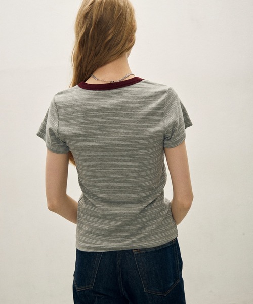uchi.（ウチ）の「アニマルモチーフミニロゴ胸刺繍 細ボーダーTシャツ（Tシャツ/カットソー・レディース・ライトグレー系/グレー系/レッド系・FREE）」の9枚目の写真