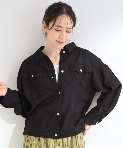SHOO・LA・RUE(シューラルー)の「【洗濯機可/S-LL】Gジャン風シアーシャツジャケット(ブルゾン・レディース・グレー/ブラック・04/03/02/01)」の7枚目の写真