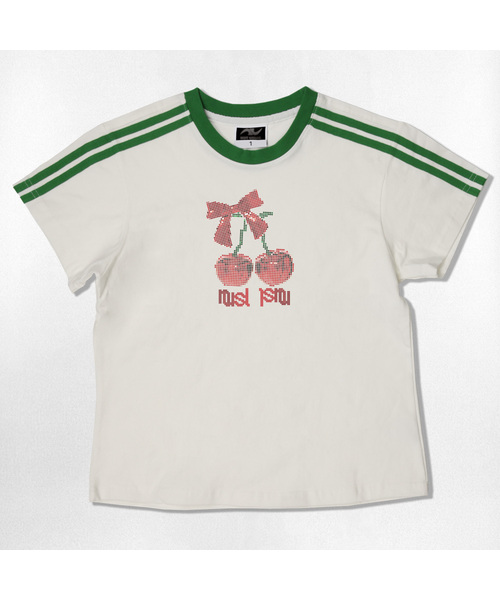 NOTUSUAL(ノットユージュアル)の「ドットチェリーセミクロップ半袖Tシャツ6色(Tシャツ/カットソー・レディース・ネイビー/ホワイト/ピンク/ホワイト×グリーン/スカイブルー/ライトブラウン・1(S))」の2枚目の写真
