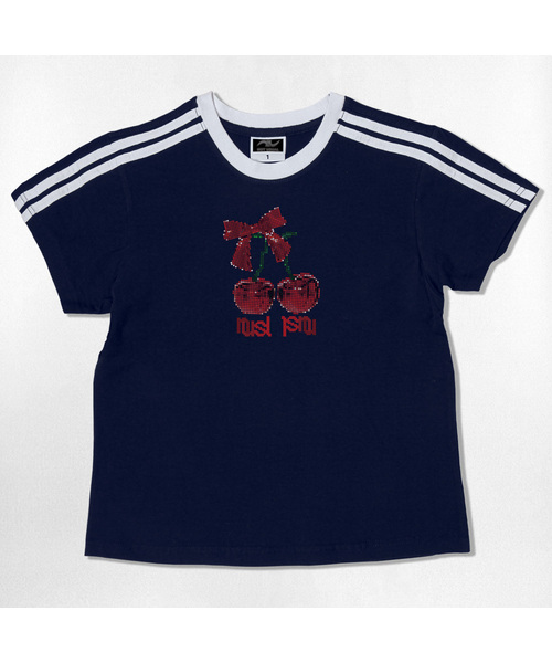 NOTUSUAL(ノットユージュアル)の「ドットチェリーセミクロップ半袖Tシャツ6色(Tシャツ/カットソー・レディース・ネイビー/ホワイト/ピンク/ホワイト×グリーン/スカイブルー/ライトブラウン・1(S))」の5枚目の写真