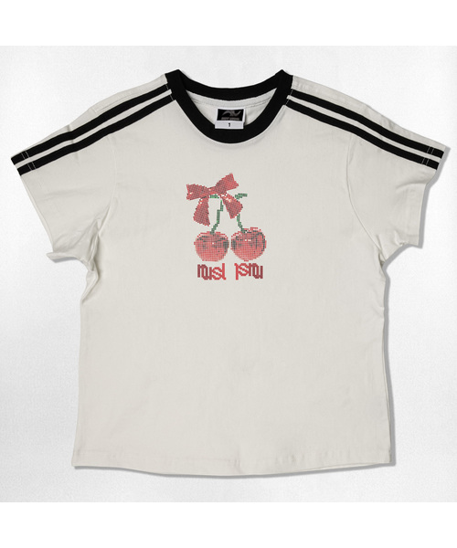 NOTUSUAL(ノットユージュアル)の「ドットチェリーセミクロップ半袖Tシャツ6色(Tシャツ/カットソー・レディース・ネイビー/ホワイト/ピンク/ホワイト×グリーン/スカイブルー/ライトブラウン・1(S))」の1枚目の写真