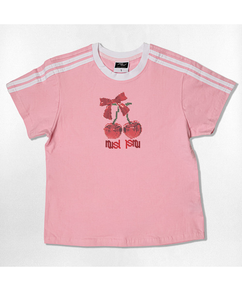 NOTUSUAL(ノットユージュアル)の「ドットチェリーセミクロップ半袖Tシャツ6色(Tシャツ/カットソー・レディース・ネイビー/ホワイト/ピンク/ホワイト×グリーン/スカイブルー/ライトブラウン・1(S))」の6枚目の写真