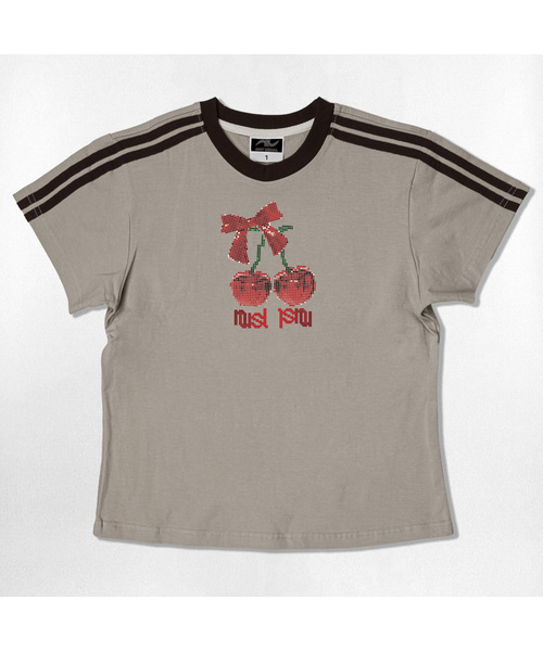 NOTUSUAL(ノットユージュアル)の「ドットチェリーセミクロップ半袖Tシャツ6色(Tシャツ/カットソー・レディース・ネイビー/ホワイト/ピンク/ホワイト×グリーン/スカイブルー/ライトブラウン・1(S))」の3枚目の写真