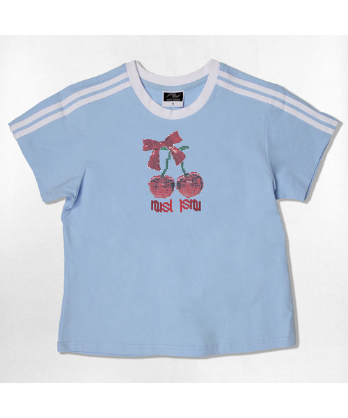 NOTUSUAL(ノットユージュアル)の「ドットチェリーセミクロップ半袖Tシャツ6色(Tシャツ/カットソー・レディース・ネイビー/ホワイト/ピンク/ホワイト×グリーン/スカイブルー/ライトブラウン・1(S))」の4枚目の写真