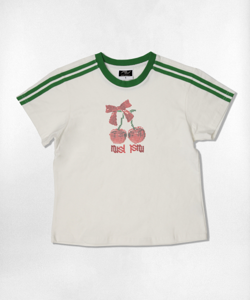 NOTUSUAL(ノットユージュアル)の「ドットチェリーセミクロップ半袖Tシャツ6色(Tシャツ/カットソー・レディース・ネイビー/ホワイト/ピンク/ホワイト×グリーン/スカイブルー/ライトブラウン・1(S))」の14枚目の写真